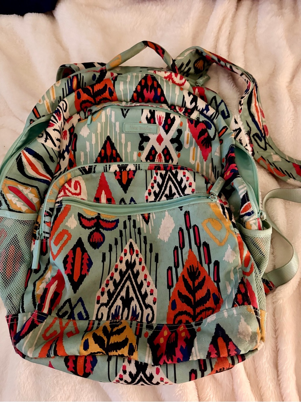 Vera Bradley Mint Ikat Print Backpack with Red, Orange, Yellow & Navy Accents